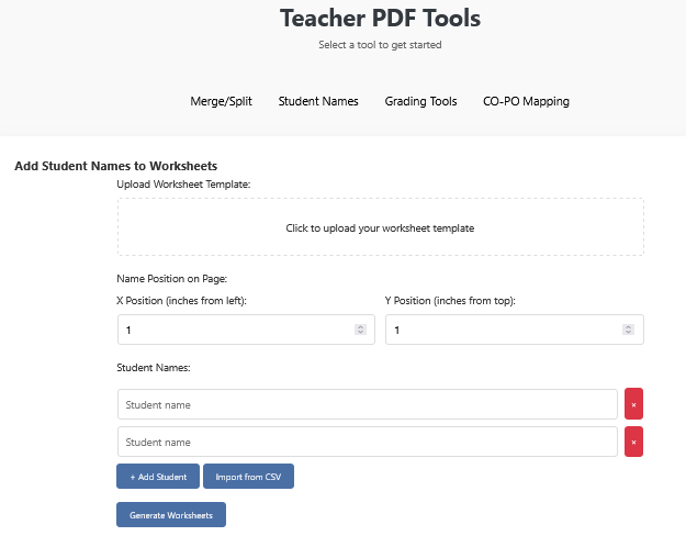 Tool interface showing student name input and placement on PDF worksheet