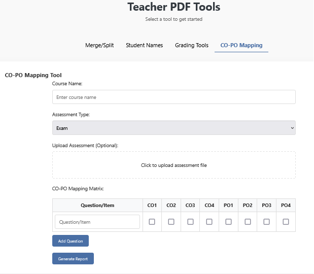 Form interface for mapping course outcomes to program outcomes with a downloadable report option