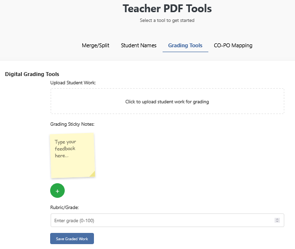 PDF grading tool with sticky notes and rubric-based numeric grading